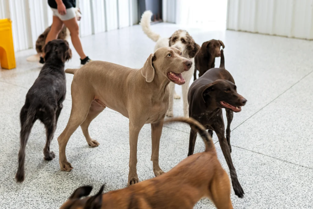 Multiple dogs in a indoor daycare at the Dog Stop